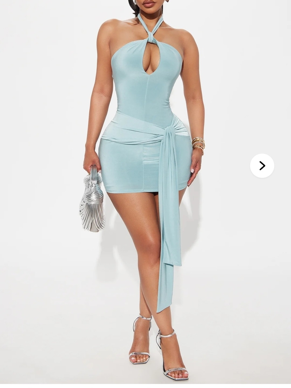 Fashion Nova Pastel Blue Halter Keyhole Tie-Waist Mini Dress